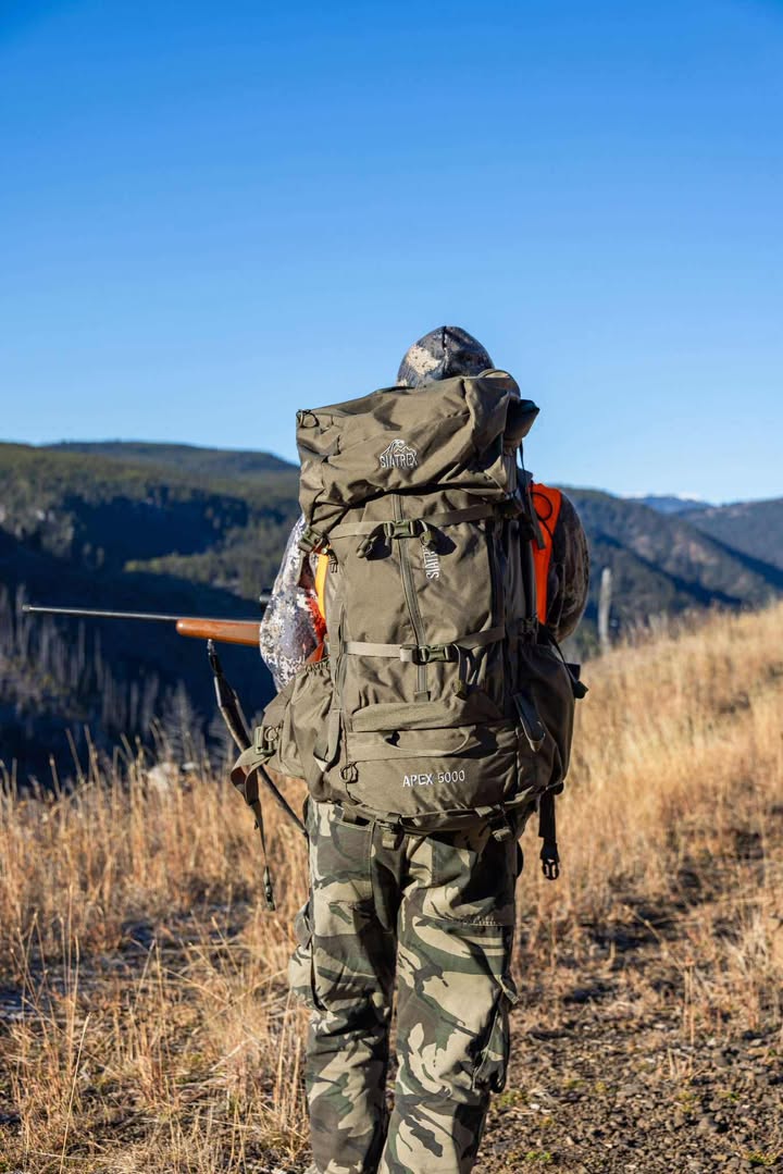 APEX 5000 hunting pack designed for long expeditions with carbon fiber frame, game haul, and rifle carry system