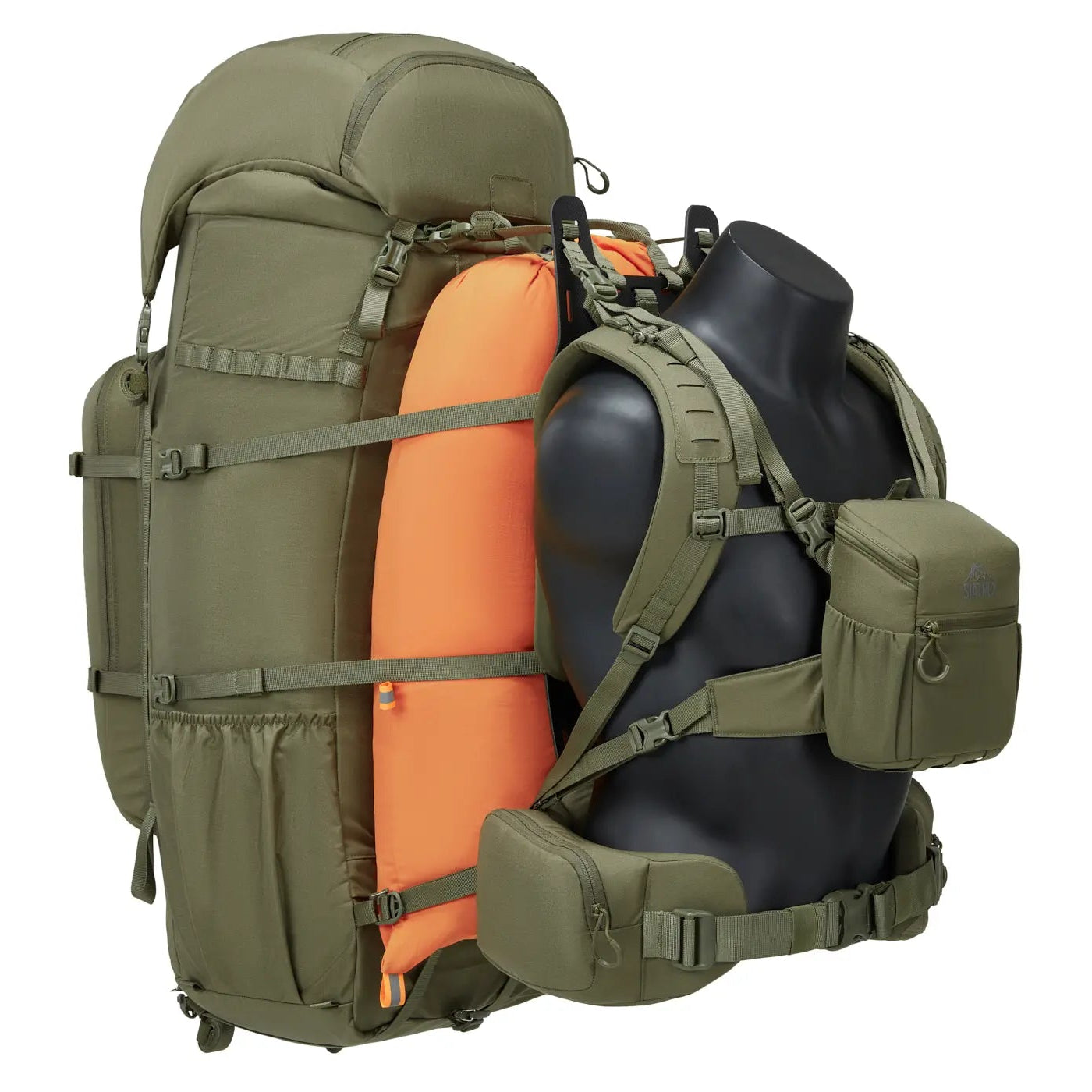 Hunting backpack APEX 5000 in outdoor wilderness with fully loaded game haul section and multiple storage pockets